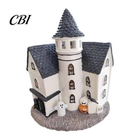 Gothic Home Decor Accents Vintage Light-Up Cottage Halloween Decoration, Ghost Pumpkin Village House LED Lighted Miniature Building Figurine,