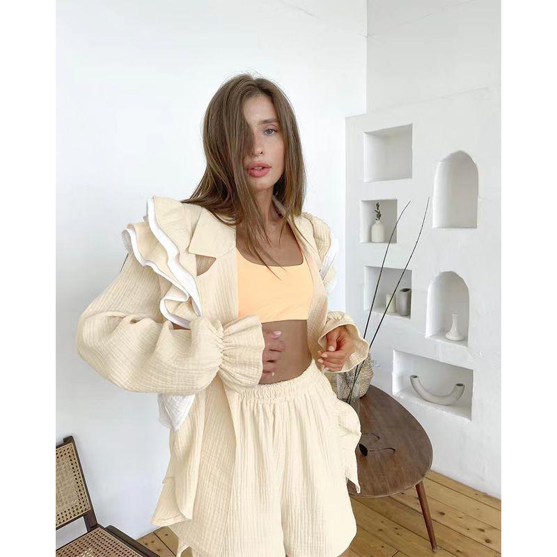 European and American Pure Cotton Flying Sleeves Patchwork Niche Temperament Two-piece Set Pure Cotton Fly Sleeve Suit