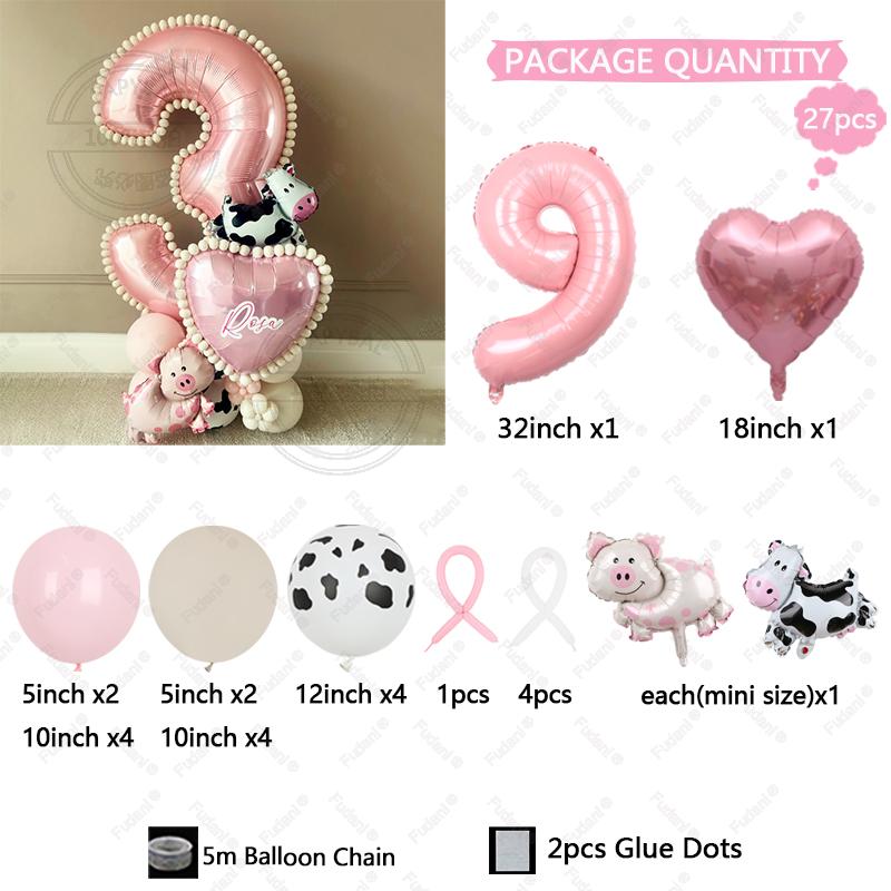 27 szt. Mini Balony Krowa Świnia Różowy Numer Balon Urodzinowy Zestaw Dekoracja Imprezy Tematycznej Zwierzątka Kreskówkowe Artykuły na Festiwal Dziecięcy