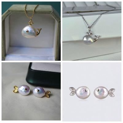 Pearl Baroque Whale Necklace Marine Life Pendant Birthday Gift Clavicle Chain Color Preserved Small Fish Studs Earrings Women