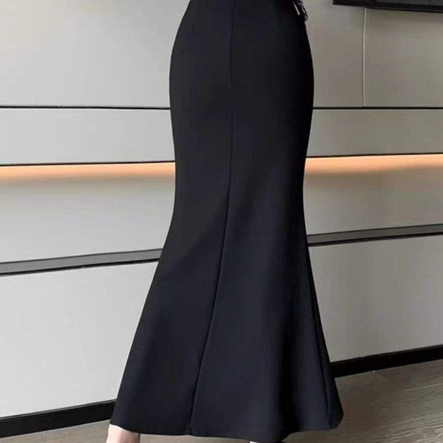 Elegant High-Waist Midi Fishtail Skirt for Women - Spring/Autumn A-line Drape Skirt