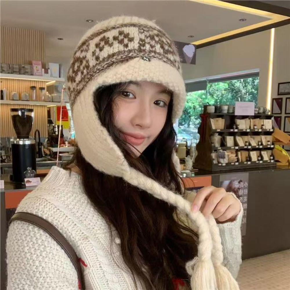 Tassel Jacquard Knitted Hat Korean Style Beanies Hat Casual Ear Cap Outdoor