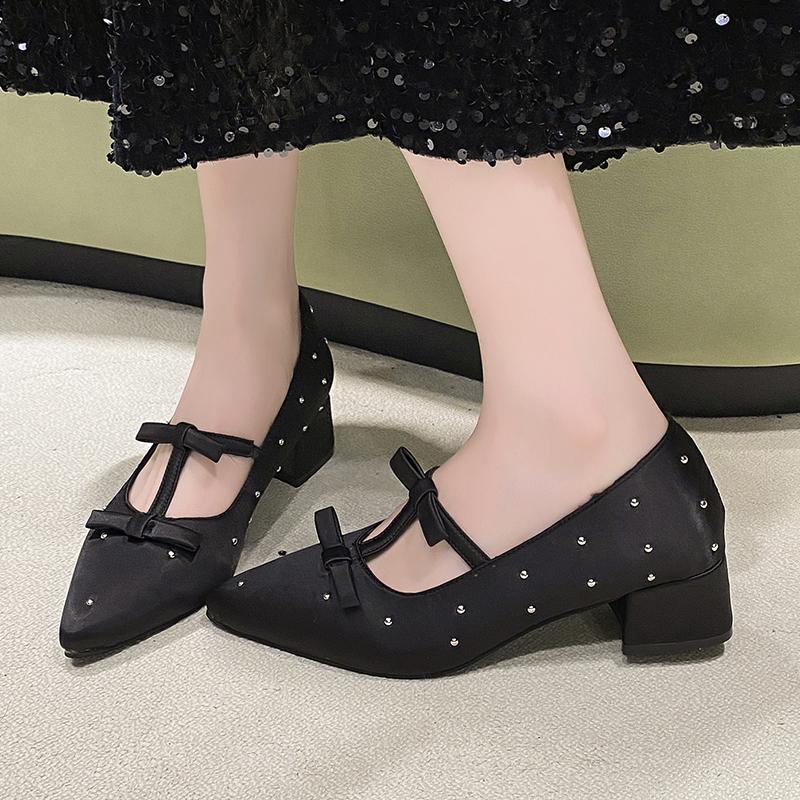 Increas Height Pointed Toe Riband Shoes Woman Flats Clogs Platform Crystal Dress Summer Creepers Rhinestone New Mary Janes Incre