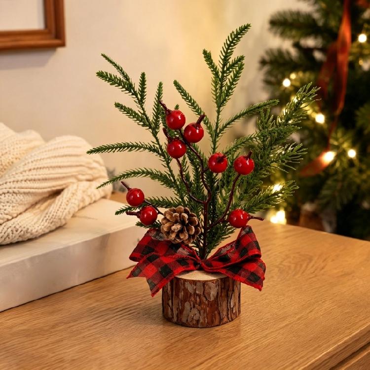Wood Base Christmas Tree with Faux Branch Detail for Desk, Shelf, Counter, Entry Table, and Shop Front Display