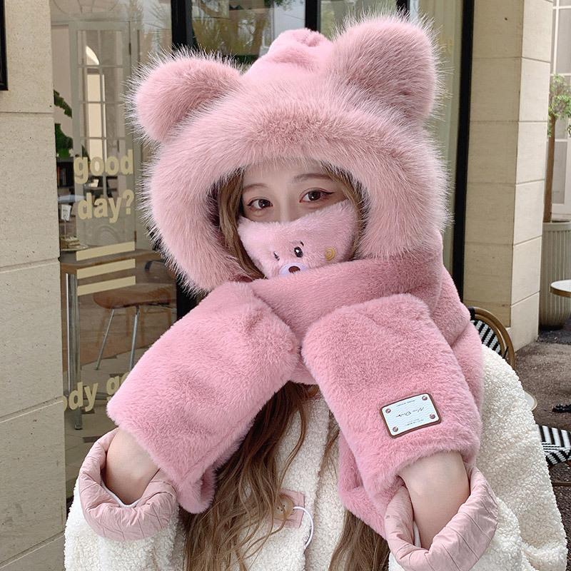 Korean Cute Plush Three-piece Set for Women's Autumn and Winter New Scarf Gloves Hat Integrated Plus Velvet Cold Proof and Warm Hat