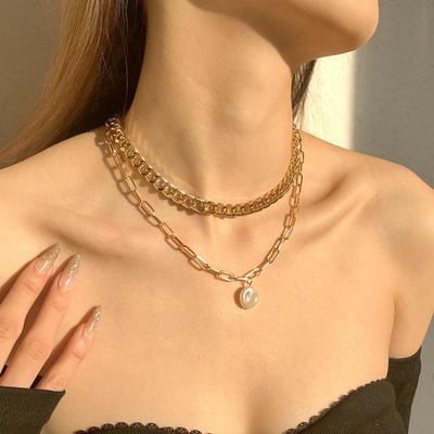 Fashion Metal Punk Style Jewelry Women, Geometric Personality Irregular Pearl Pendant Necklace