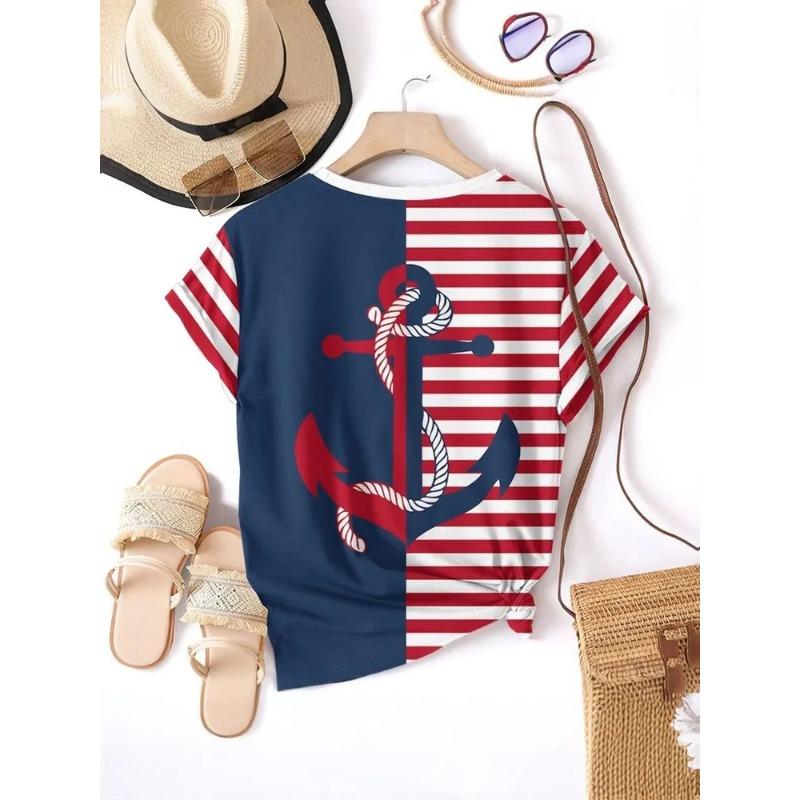 Stripe Graphic 3D T Shirt Women Summer V-Neck Short Sleeve Tops Holiday Casual Tees Woman Streetwear Oversized T-shirt