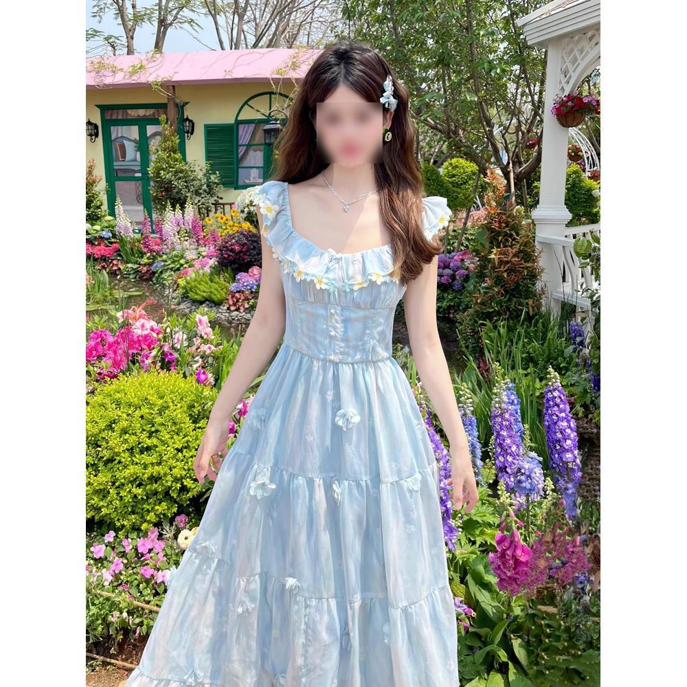 Women's Spring Sweet and Thin Skirt Blue Long Casual Print Small Fly Sleeve Suspender Dress