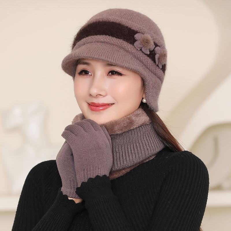 Ladies rabbit fur knitted thermal cap in the elderly grandmother fleece cold wool ear hat fashion mother