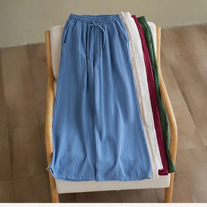 Loose Cotton Linen Wide Leg Pants Women's Summer Autumn Style Artistic Simple Elastic Waist Meat Concealing Trousers