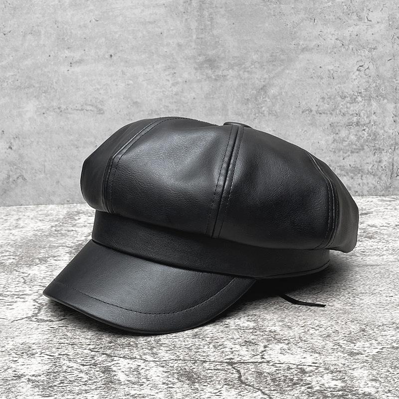 Big Head Circumference Beige Leather Octagonal Hat Women'S Season Trendy British Retro Painter Hat Japanese Beret
