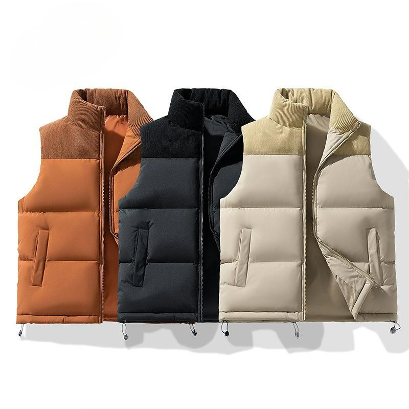 Down Cotton Vest Men's Autumn and Winter Trend Corduroy Color Matching Vest Thickened Warm Casual Sleeveless Jacket Men