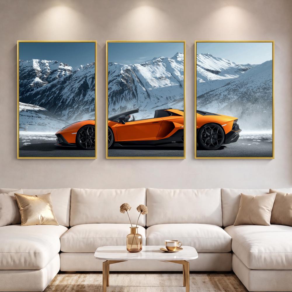 Sports Car Three Quarter View Painting Calligraphy 3 PCS Canvas Wall Art for Living Room Bedroom Prints Decor Modern Wall Decals