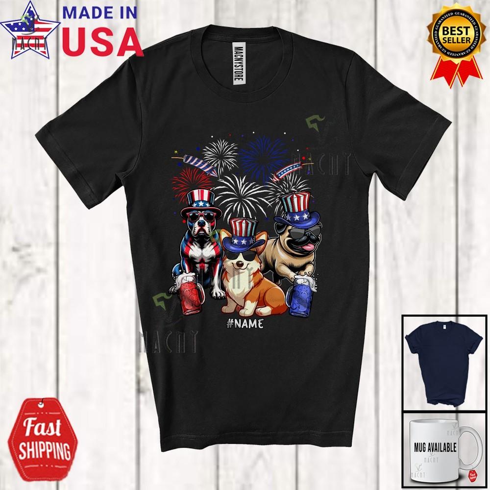 

US Flag Pit Bull Corgi Pug Sunglasses; 4th Of July Custom Name Patriotic T-Shirt Unisex T-Shirt XL
