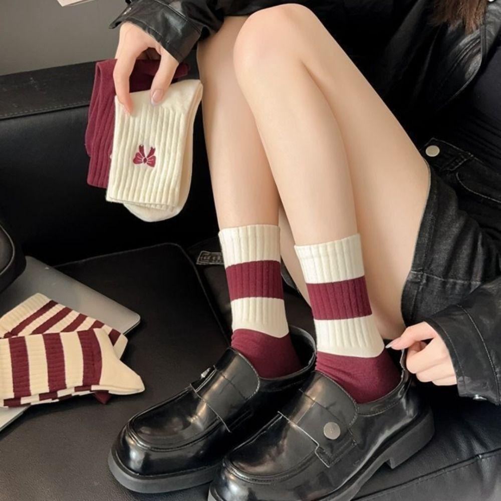 Red Lovely Bow Female Elastic Striped Socks Spring Snow Boot Socks Middle Tube Socks  Women Gift
