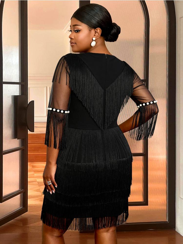 Black Stylish Bodycon Mini Fringe Dress Sheer O Neck Pearl Trim High Waist Tierred Slim Party Nights Out Special Events Gowns