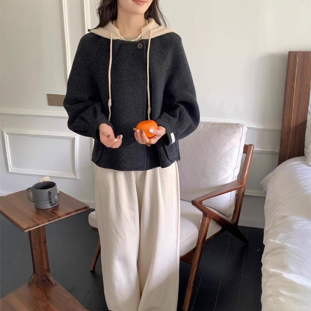 Autumn and Winter New Korean Style Double-sided Cashmere Coat Women's Age-reducing Knitted Hooded Jacket Short Top