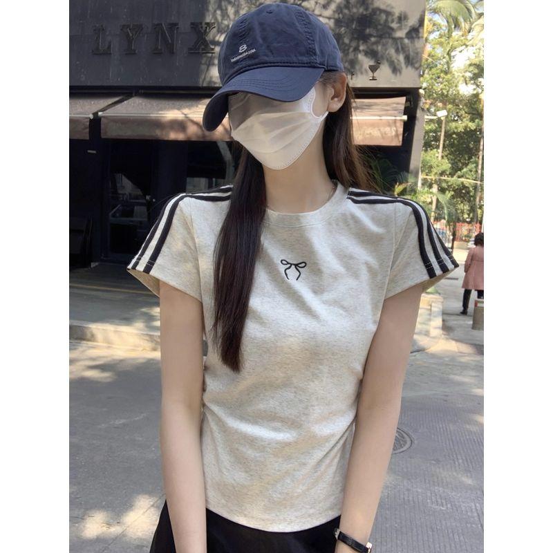 Kumikumi Design Sense Bow Embroidered Shoulder Short sleeve T-shirt Women clothes Summer Slimming Versatile Chic Top