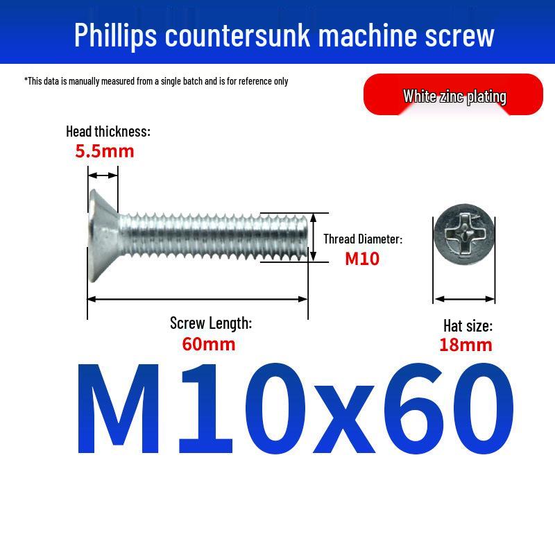 White Zinc Plated Cross Recessed Countersunk Head Screws & Bolts, Machine Thread, M3-M12