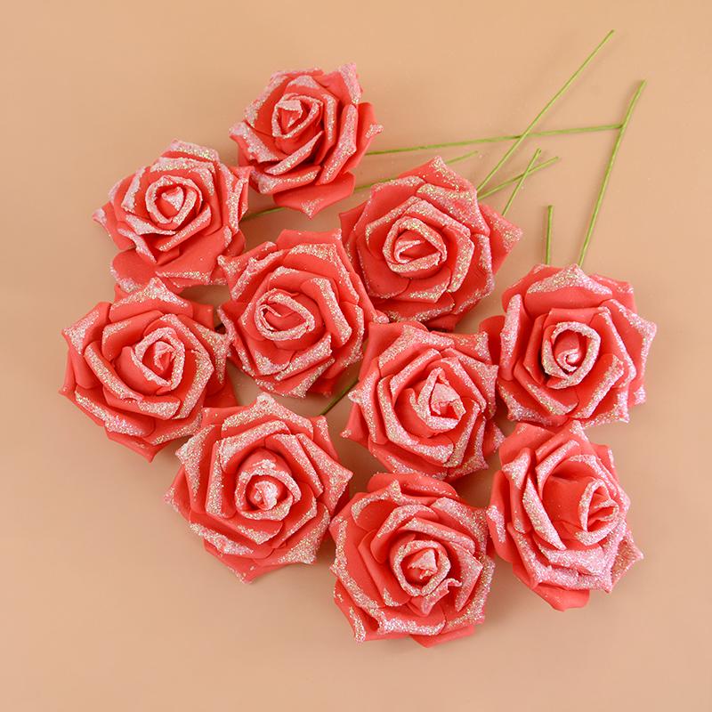 10/20Pcs Artificial Rose Flowers with Stem Foam Glitter Fake Flower Bouquet Wedding Party Centerpieces Home Garden Decoration