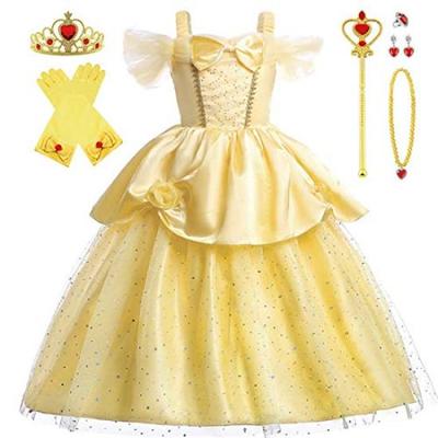 [CQDY] Belle Robe, Robe de Princesse pour Enfants (Robe + Tiare inspirées de La Belle et la Bête) Ensemble 7 pièces, Costume pour enfants, Robe formelle, Robe de princesse,