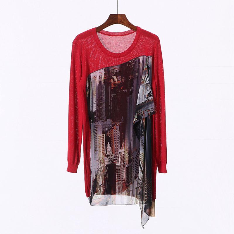 

[Tie] Fashion Classy Brand Lady s Suit Autumn Stitching Print Pullover Knitwear Tops 31348 Red M/160/64A