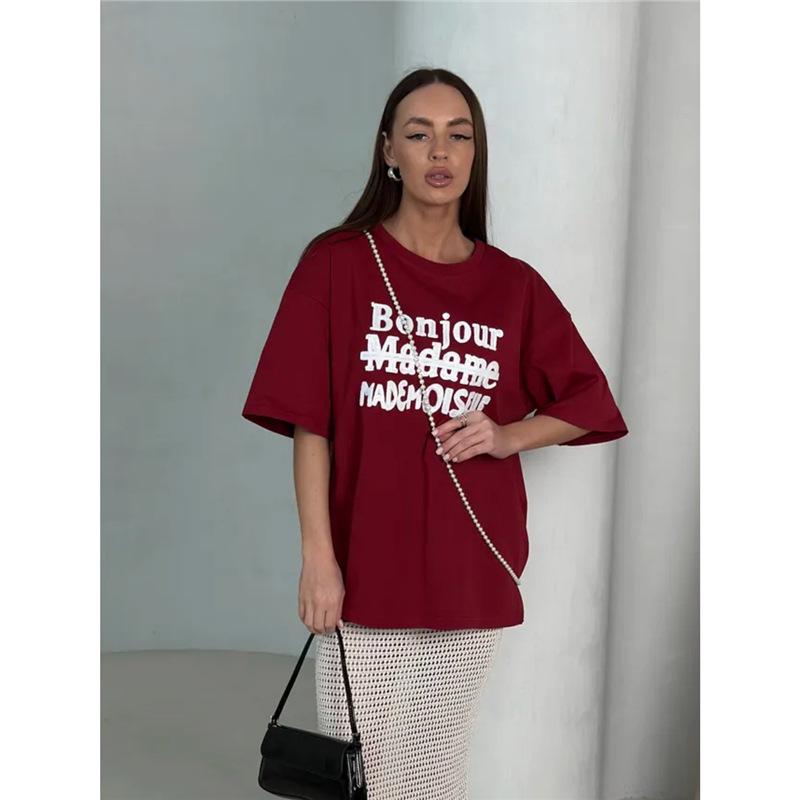 

Универсальная женская футболка с коротким рукавом в стиле ретро: Европейский и американский трендовый нишевый стиль XL вино красного