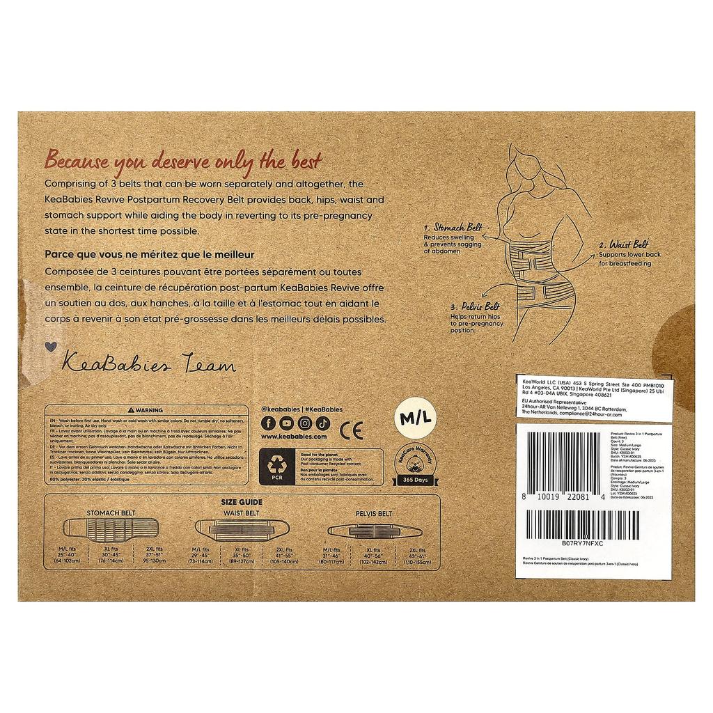 KeaBabies Revive 3-in-1 Postpartum Recovery Support Belt, M/L, Classic Ivory, 1 Set