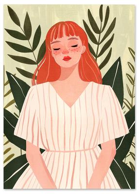 Poster Illustration Woman Green Leaves