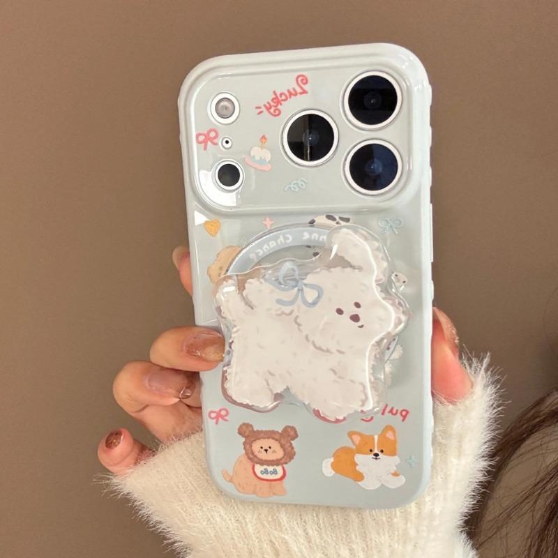 

Cute Magnetic Stand Case For iPhone 17 16 15 14 13 12 Pro Max 11 3D Cartoon Puppy Lovely Dog Soft TPU Phone Holder Cover iPhone 15 Pro Max синій