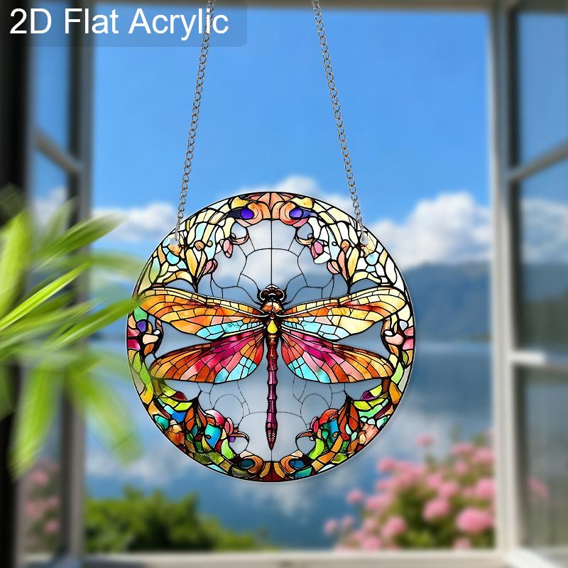 Acrylic Colorful Dragonfly Floral Suncatcher, Stained Glass Effect Window Hanging Ornament for Nature Lover Gifts