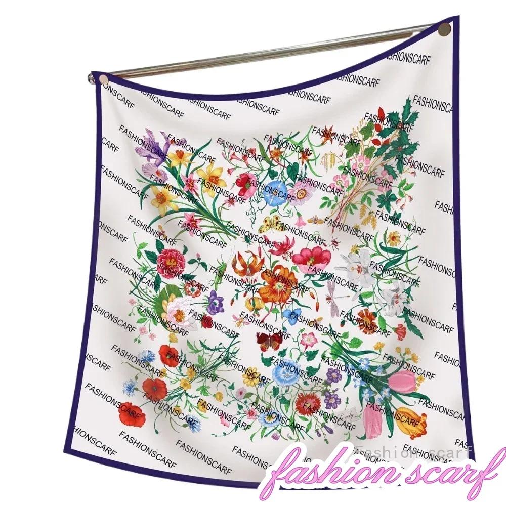 90Cm Modern Fashion Twill Silk Tulip Plant Flower Ladies Sunscreen Shawl Large Square Scarf Scarf Silk Scarf
