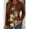 Women's Long-Sleeve T-Shirt for Autumn, Cat Climbing Rope Print Street Style Casual Crew Neck Pullover Loose Fit Outdoor T-Shirt