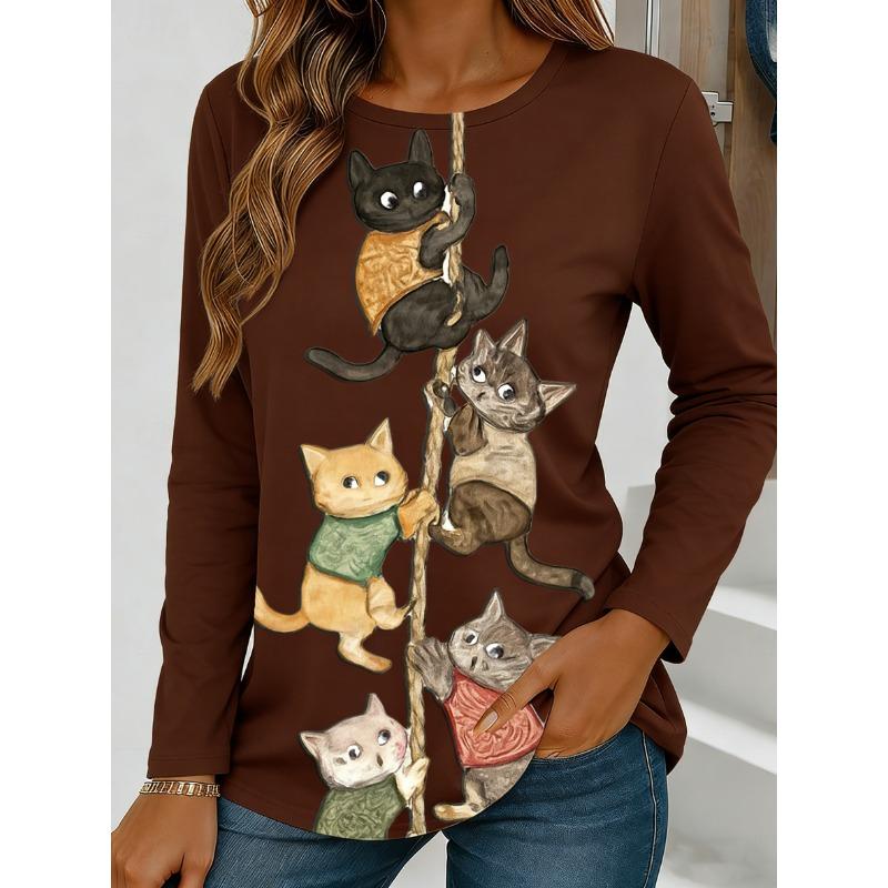 Women's Long-Sleeve T-Shirt for Autumn, Cat Climbing Rope Print Street Style Casual Crew Neck Pullover Loose Fit Outdoor T-Shirt