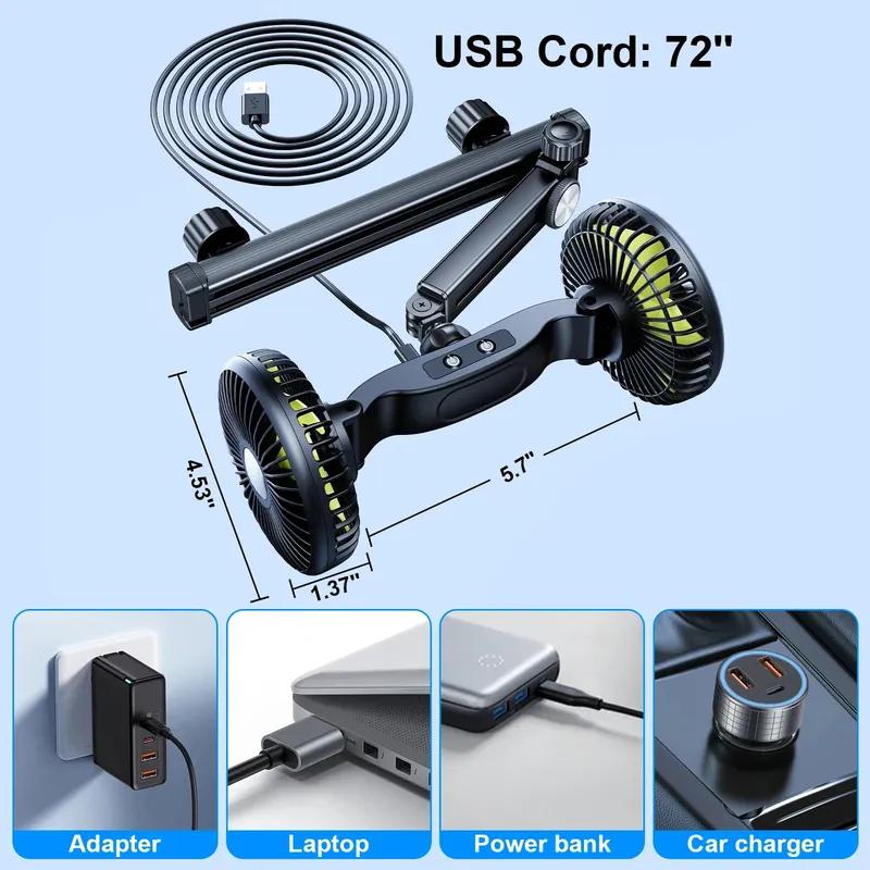 Hipacool Extension Arm Dual-Head Fan for Car Headrest 360° Rotation Air Cooling Fan Angle Adjustable 3-Speed Wind Brushless Fan