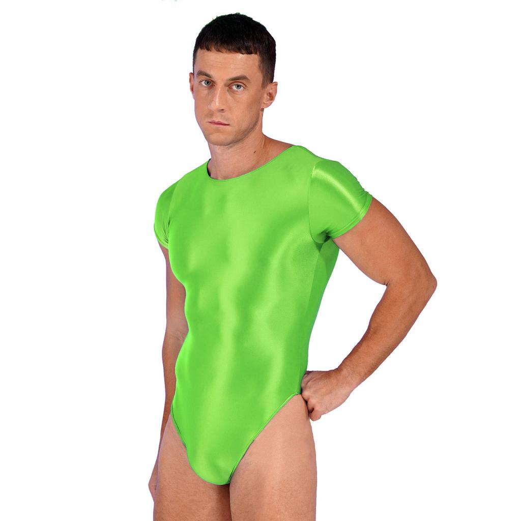Mens Solid Color Short Sleeve Leotard Glossy Round Neck High Cut Bodysuit Swimwear Sportswear