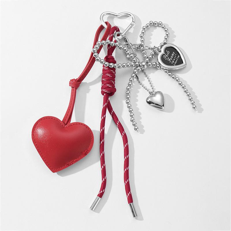 Heart-Shaped Leather Pendant Keychain with Bow and Silver Bead Charm