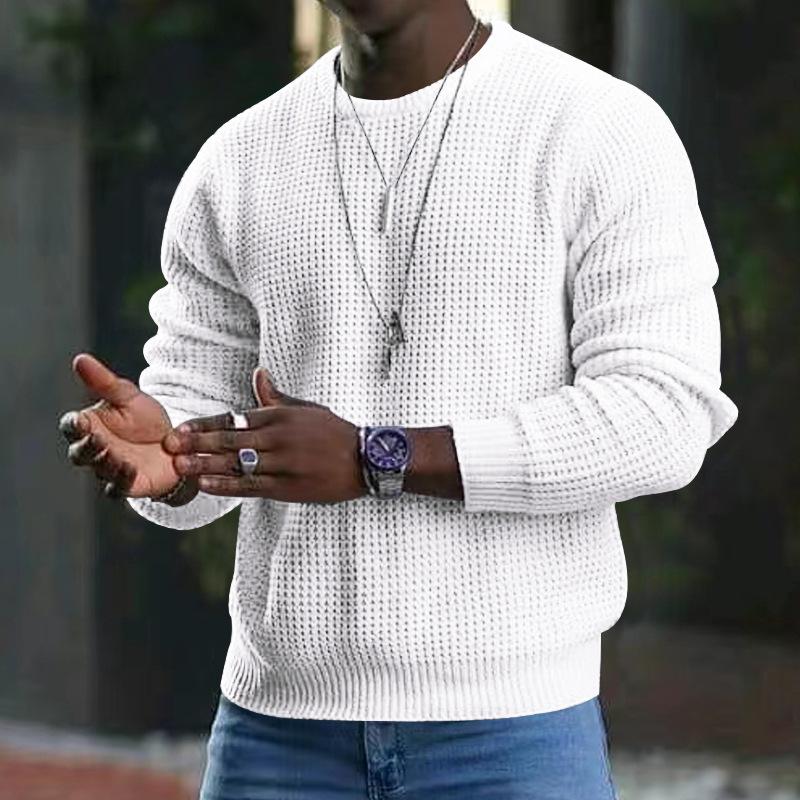 Autumn and Winter New Cotton Sports Men's Solid Color Waffle Crew Neck Pullover Knitted Sweater Tide
