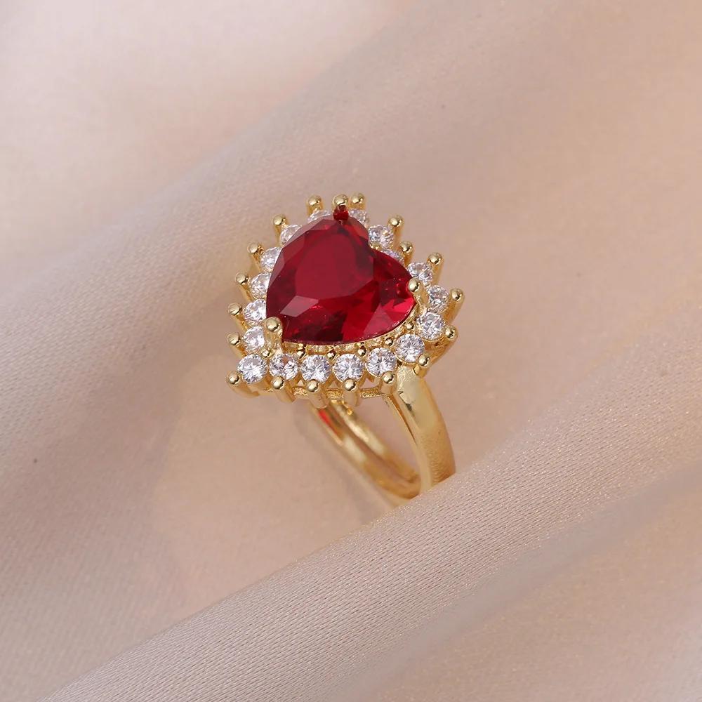 Sweet Romantic Love Studded with Zircon Ruby Earrings Ring Necklace Stainless Steel Accessories