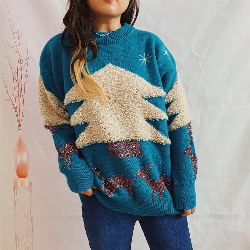 Christmas Tree Jacquard Gold Thread Knitted Round Neck Long Sleeve Loose Hoodie Thickened Christmas Sweater for Women 3533 KTB