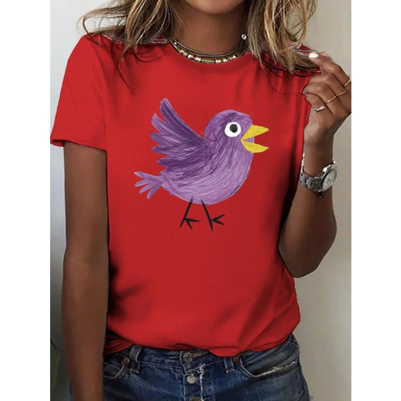 

Summer Round Neck Silly and Cute Bird Pattern Printed Top Fashionable Casual Pure Cotton Short Sleeved Women s T-shirts XXXL
