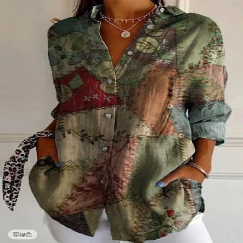 Dames Katoen Linnen Bedrukte Knopen Blousejas Casual Lange Mouwen Blouse 2025