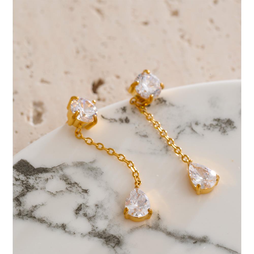 Yhpup Cubic Zirconia Chain Water Drop Dangle Earrings Trending Golden Stainless Steel Delicate Korean Chic Jewelry Accessories