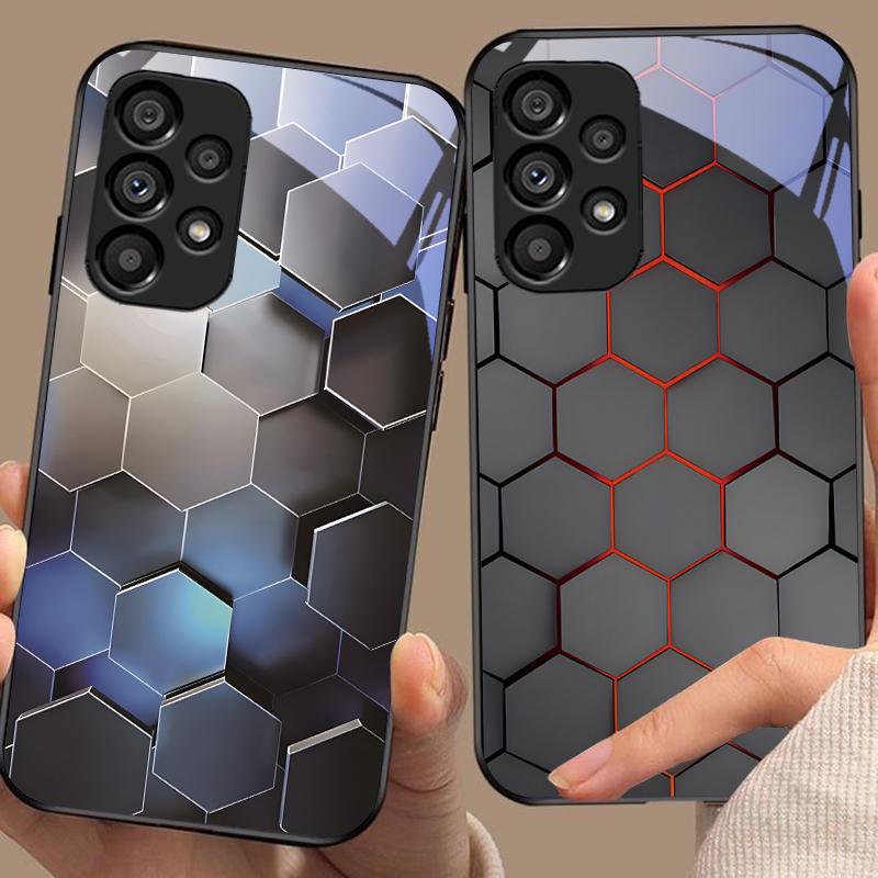Honeycomb Texture For Samsung Galaxy S10 S20 Plus S21 FE S22 S23 S24 FE S25 Ultra Black Tempered Glass Phone Case Hard Shell