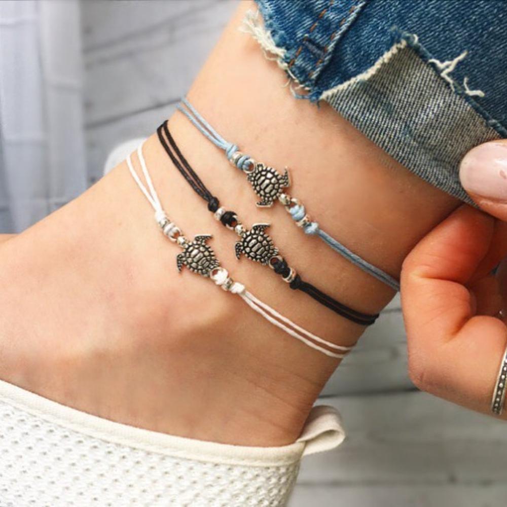 3pcs Set Bohemia Trendy Sea Turtle Rope Weaving Anklets for Women Retro Charm Summer Beach Jewelry Set Holiday Accessories Gift