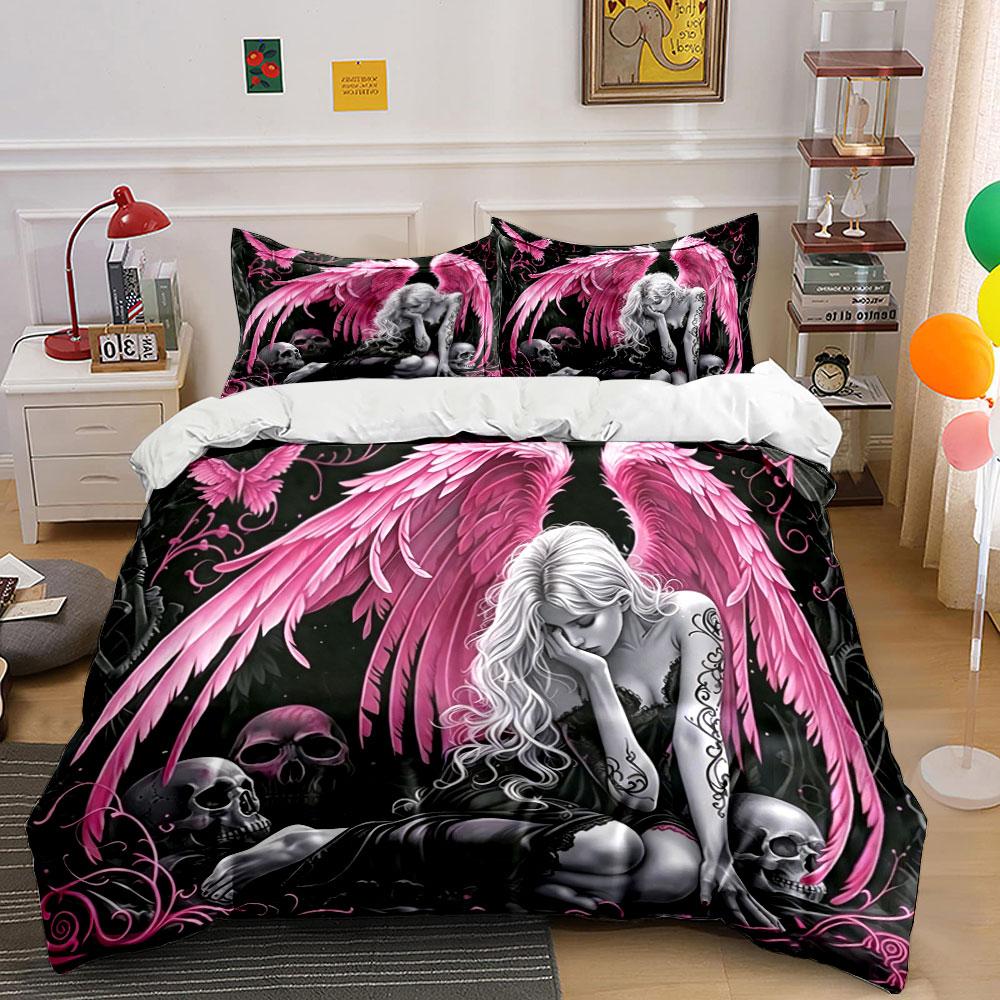 Gothic Pink Angel & Skulls Bedding Set 3pcs, Dark Fantasy Art Duvet Cover,Aesthetic Bed Linen for Teen Girls Bedroom,Home Decor
