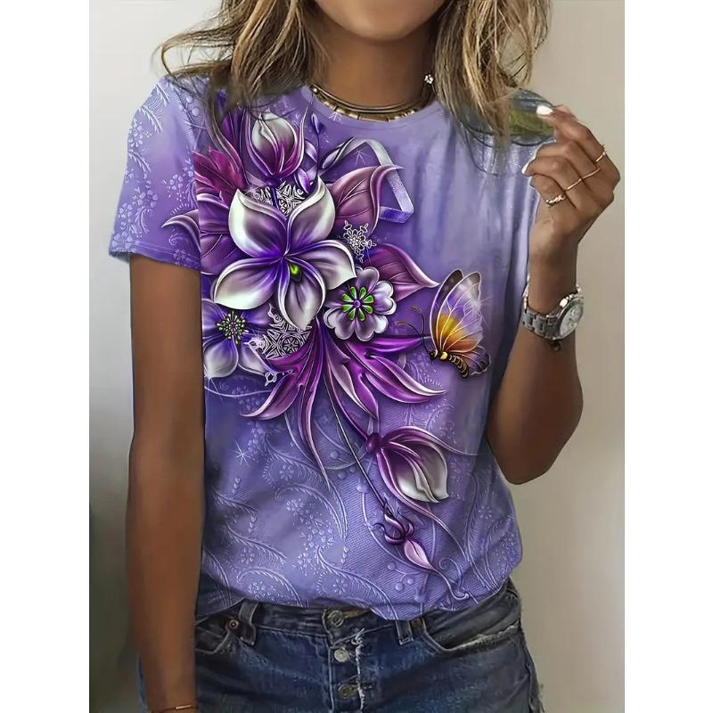 Summer Round Neck Solid Color Short Sleeved Top 3D Flower Pattern Printed Women's T-shirts