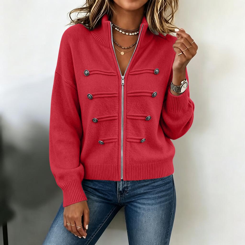 Women's Color Sweater Jacket with Stand Collar and Double Zipper for Casual Wear