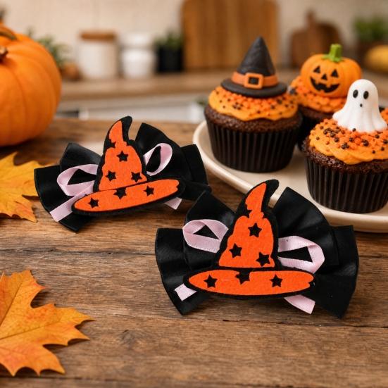 1 Pair Girl Hairpins, Anti-Slip Clip Design Bang Hair Pins, 3D Bow Pumpkin Skull Eyes Halloween Shape Hair Clips, Thick Ribbed Webbing Hair