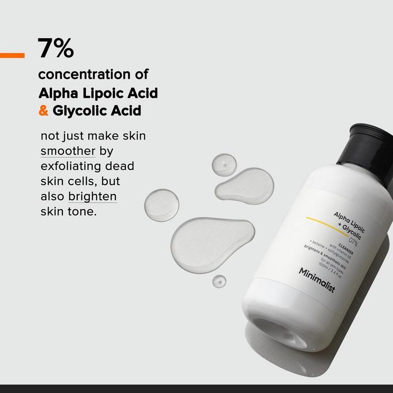 Minimalist Alpha Lipoic + Glycolic 7% Face Wash for Brightening | Cleanser for Exfoliation Glow & E, 100ml, 2 Pcs